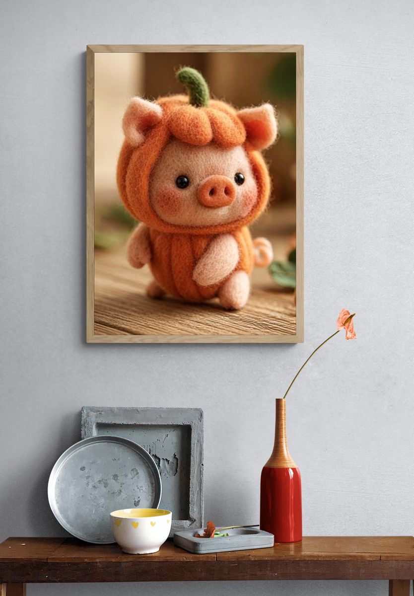 Felt Pumpkin Pig Illustration Poster. — room view 3