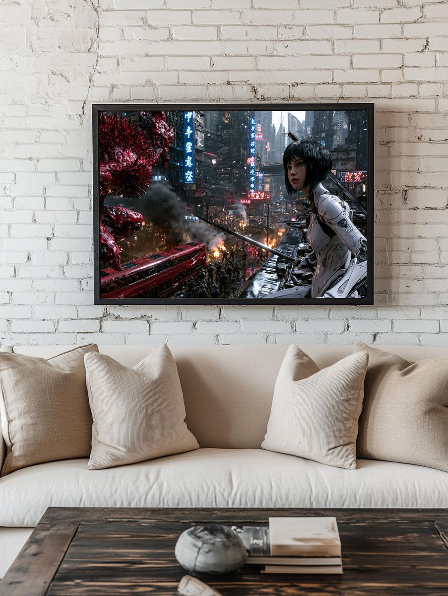 Cyberpunk Mecha City Battle Poster. — room view 1