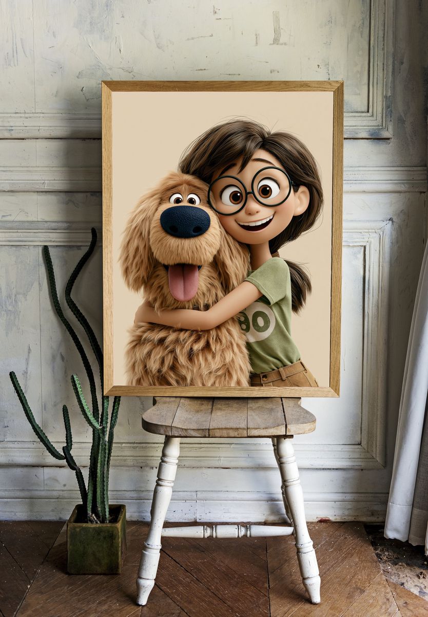 Girl and Dog Hug Illustration Poster. — room view 1