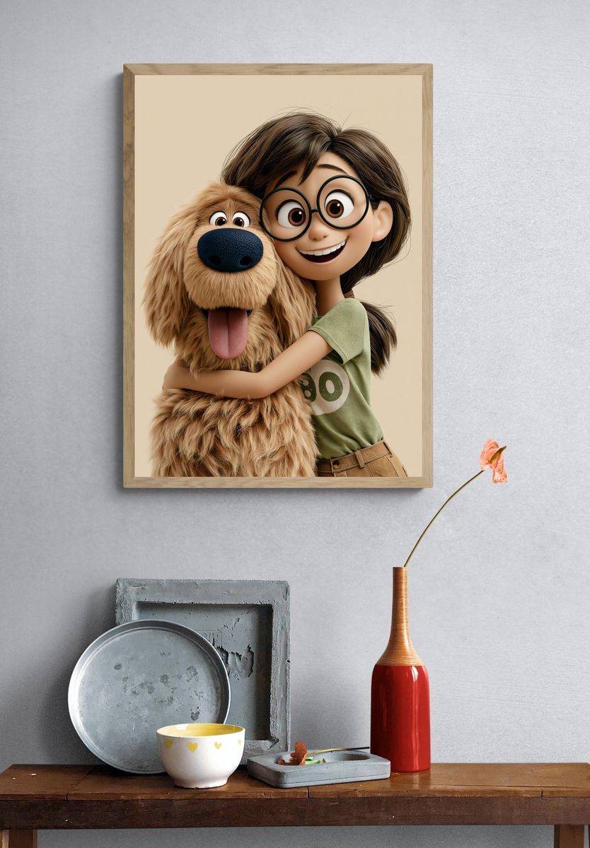 Girl and Dog Hug Illustration Poster. — room view 3