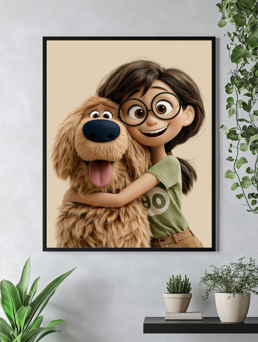 Girl and Dog Hug Illustration Poster. — room view 4