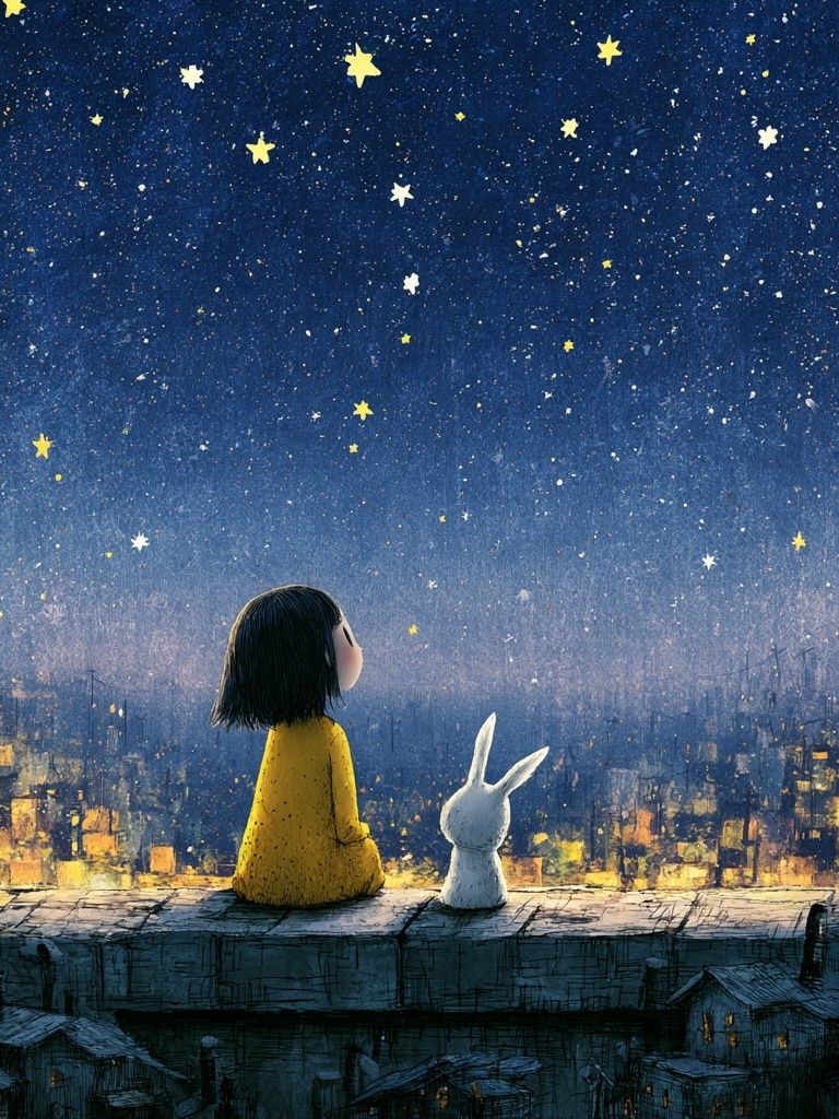 Girl and Rabbit Starry Night Poster. poster — illustration art