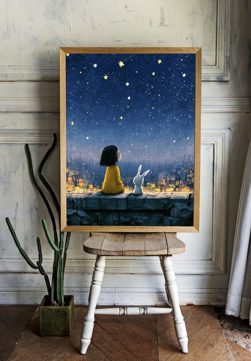 Girl and Rabbit Starry Night Poster. room preview