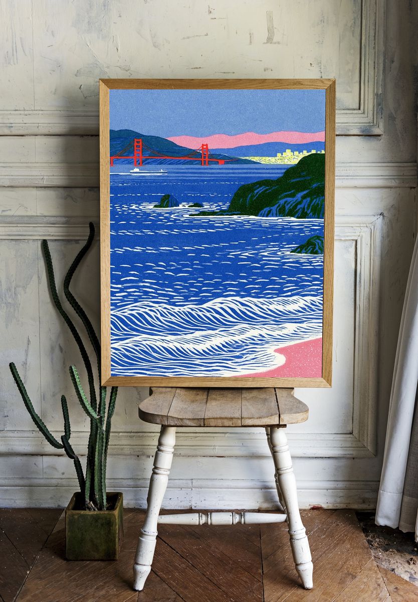 Golden Gate Coastline Illustration Poster. — room view 1