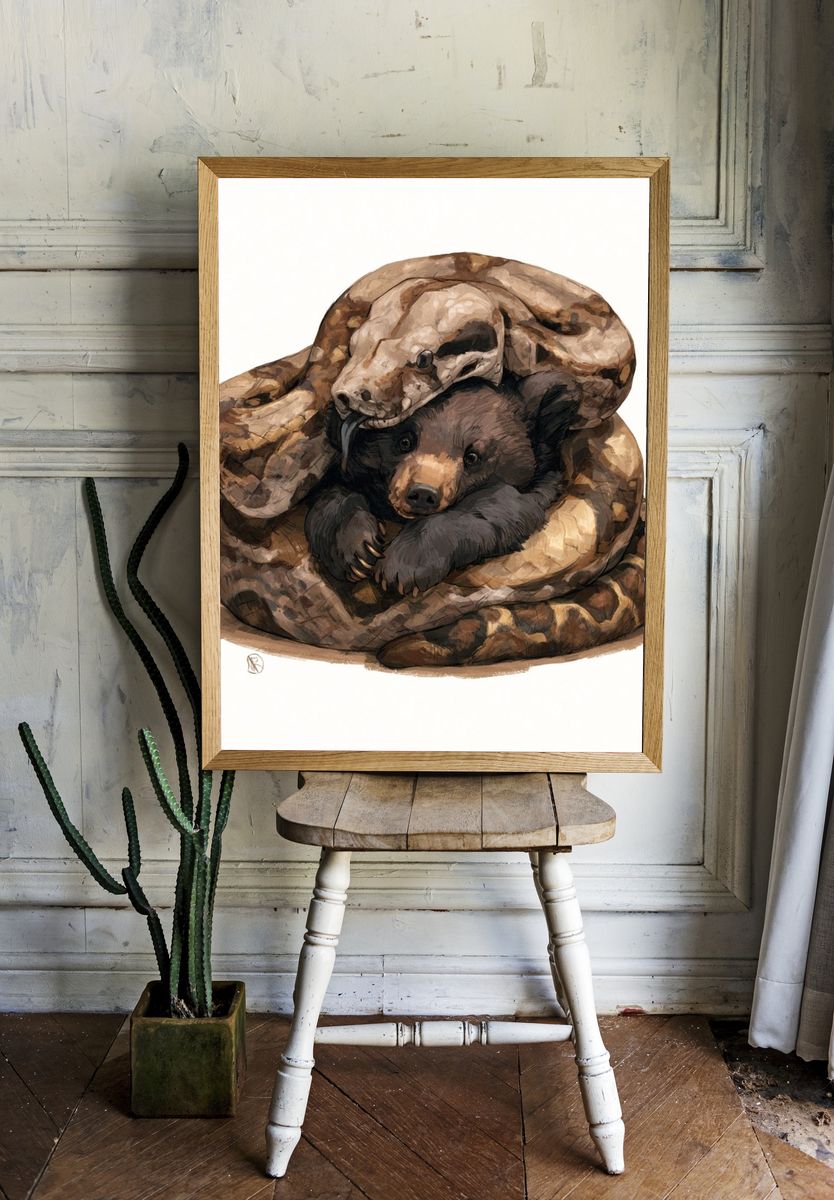 Snake and Bear Cub Illustration Poster. — room view 1