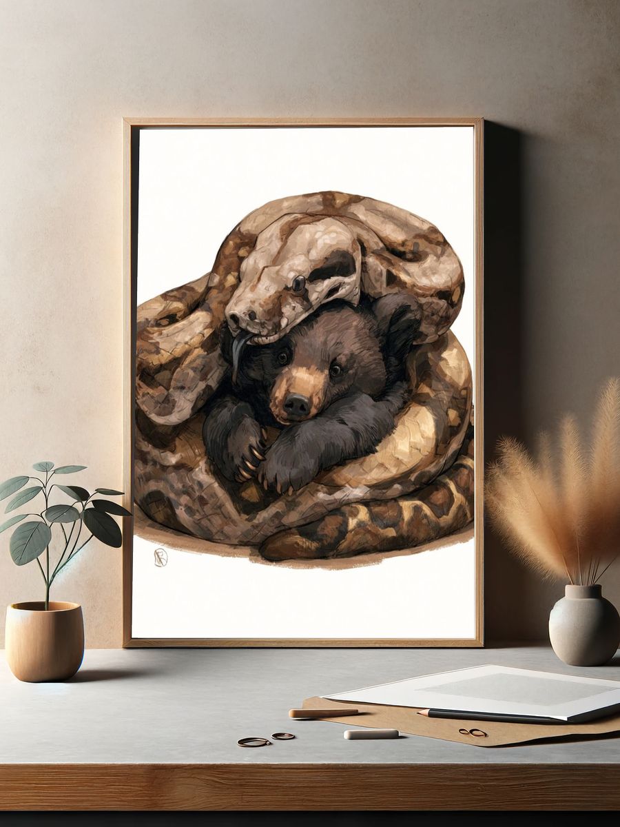 Snake and Bear Cub Illustration Poster. — room view 2