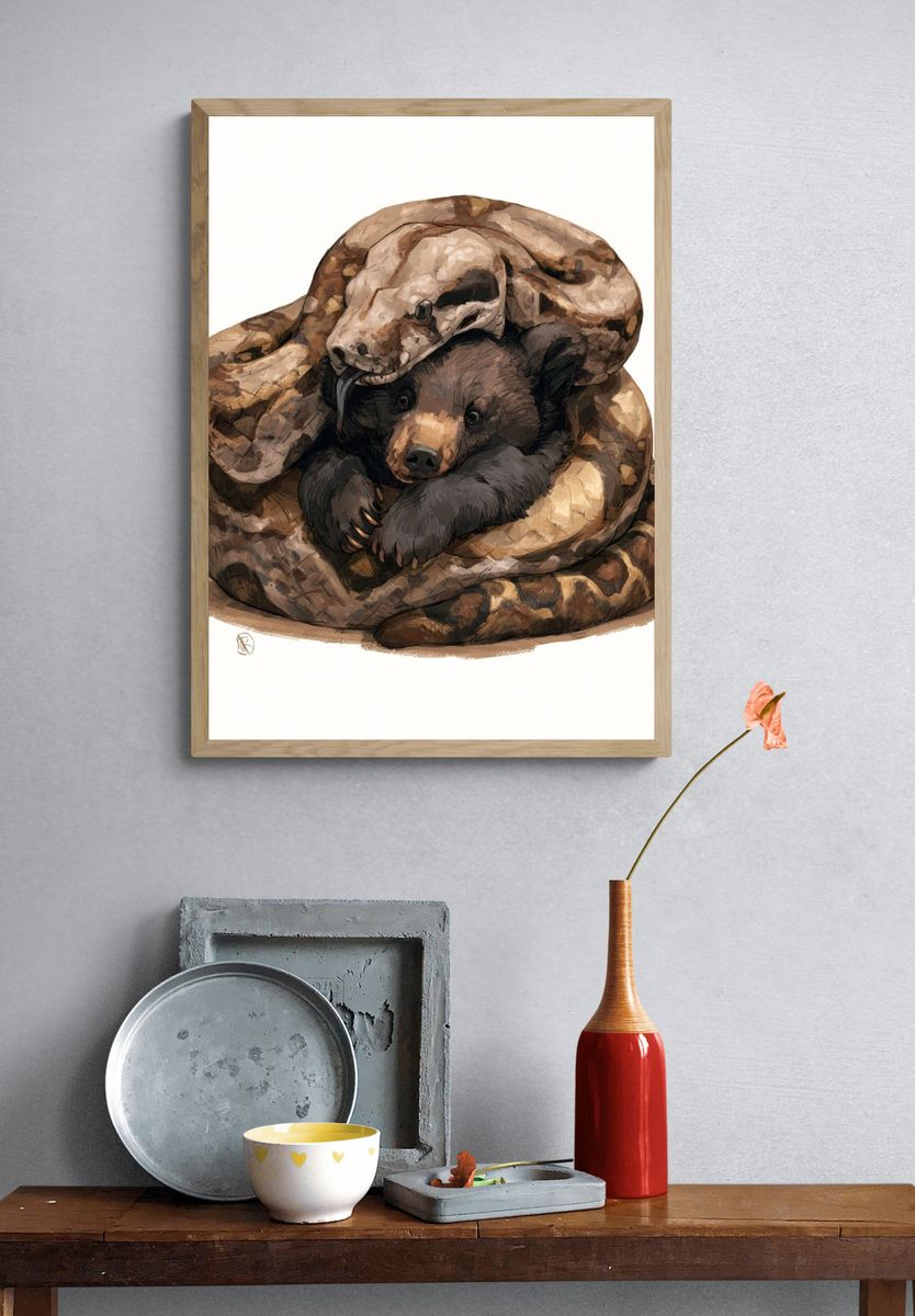 Snake and Bear Cub Illustration Poster. — room view 3