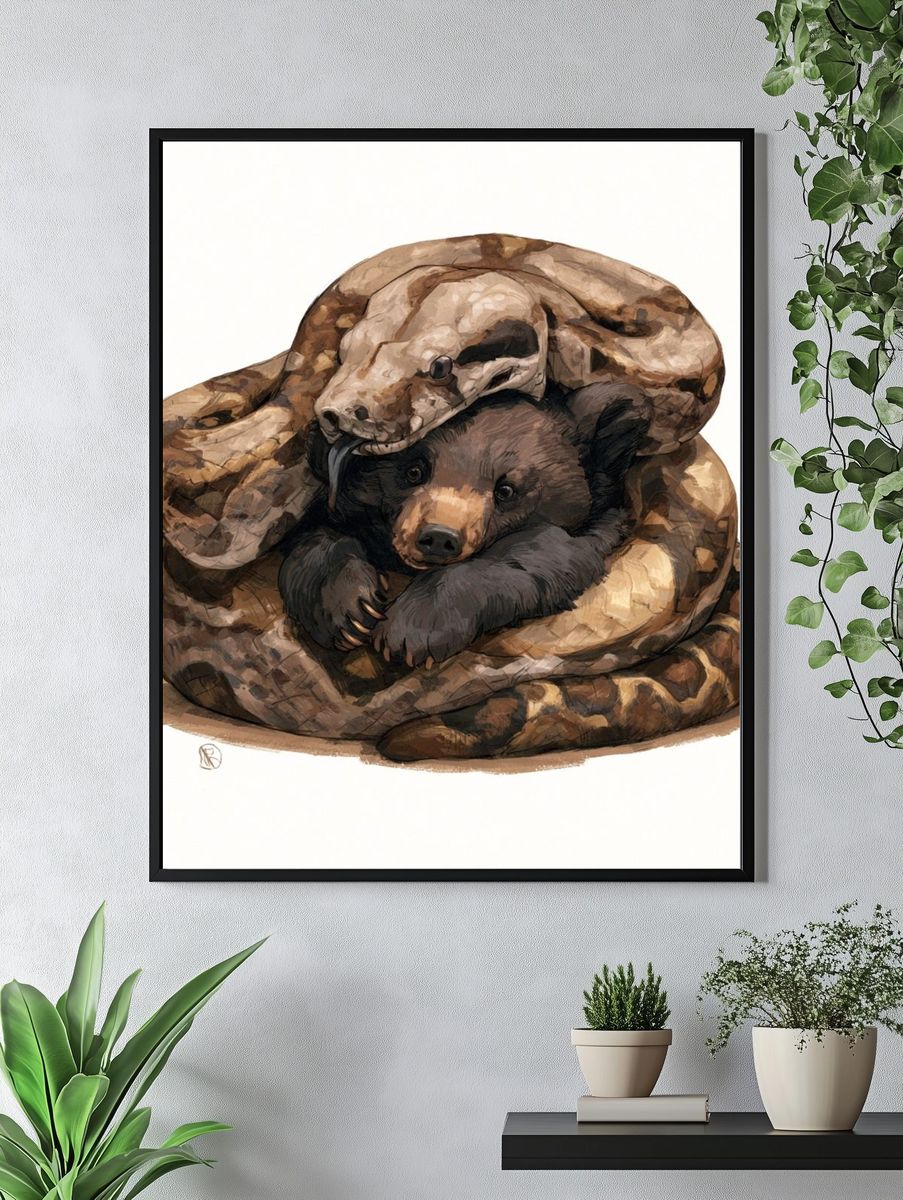 Snake and Bear Cub Illustration Poster. — room view 4