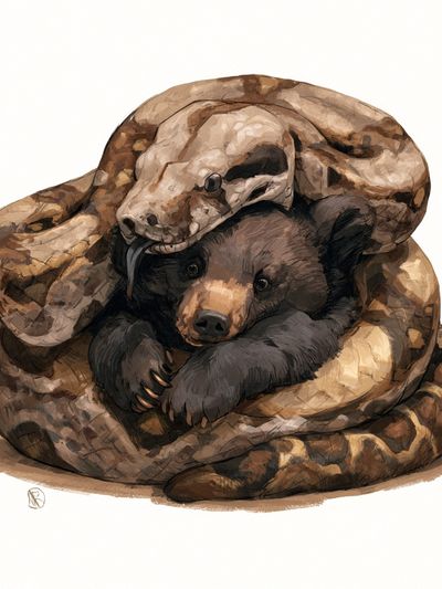 Snake and Bear Cub Illustration Poster. poster