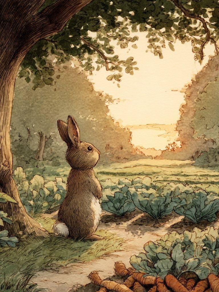 Rabbit in Garden Watercolor Print. poster — illustration art
