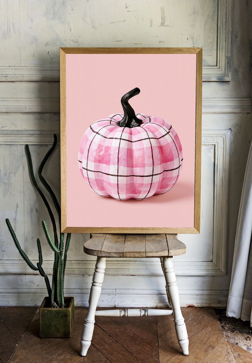 Pink Plaid Pumpkin Illustration Poster. room preview