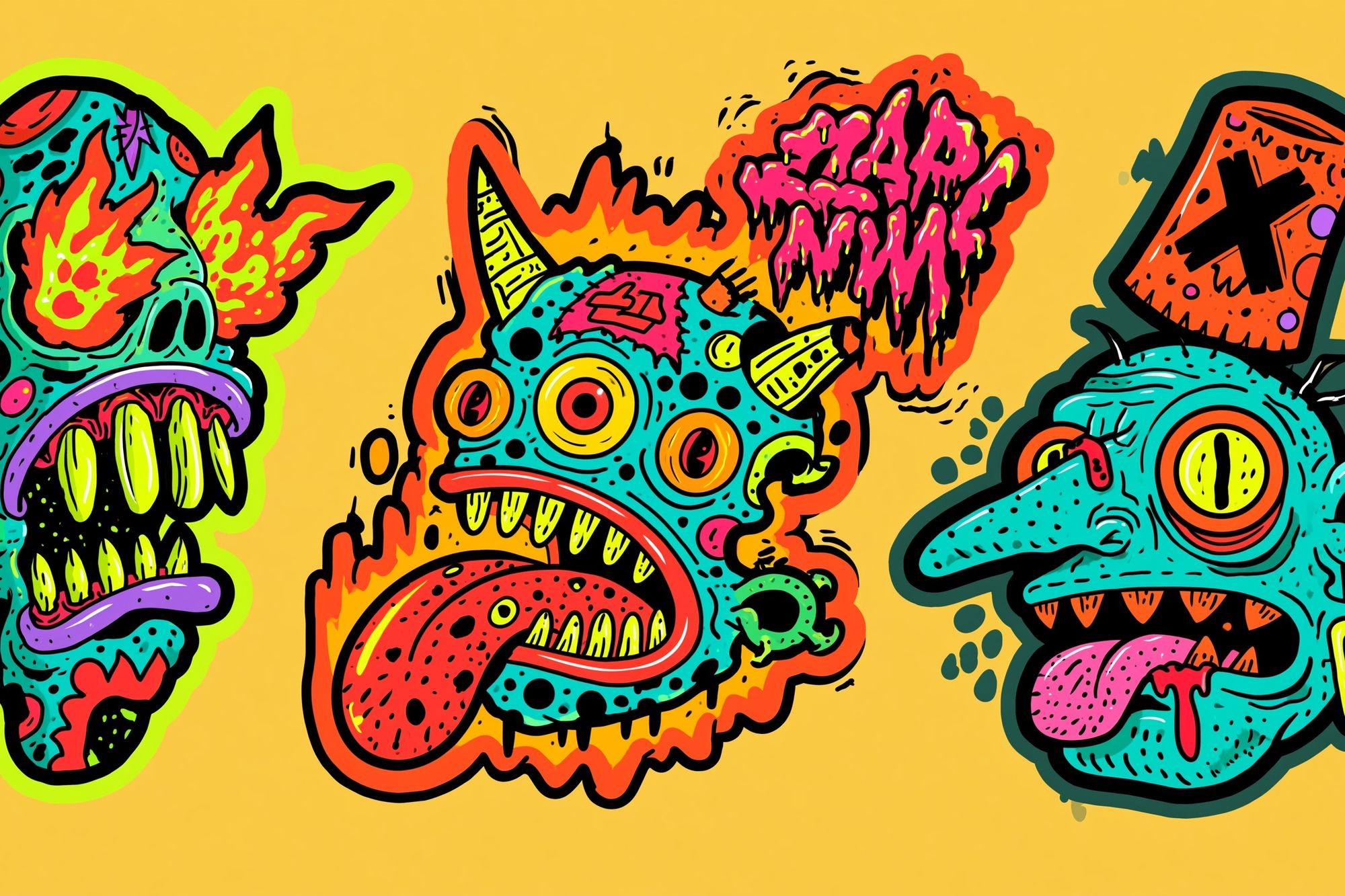 Neon Monster Faces Illustration Poster. poster detail