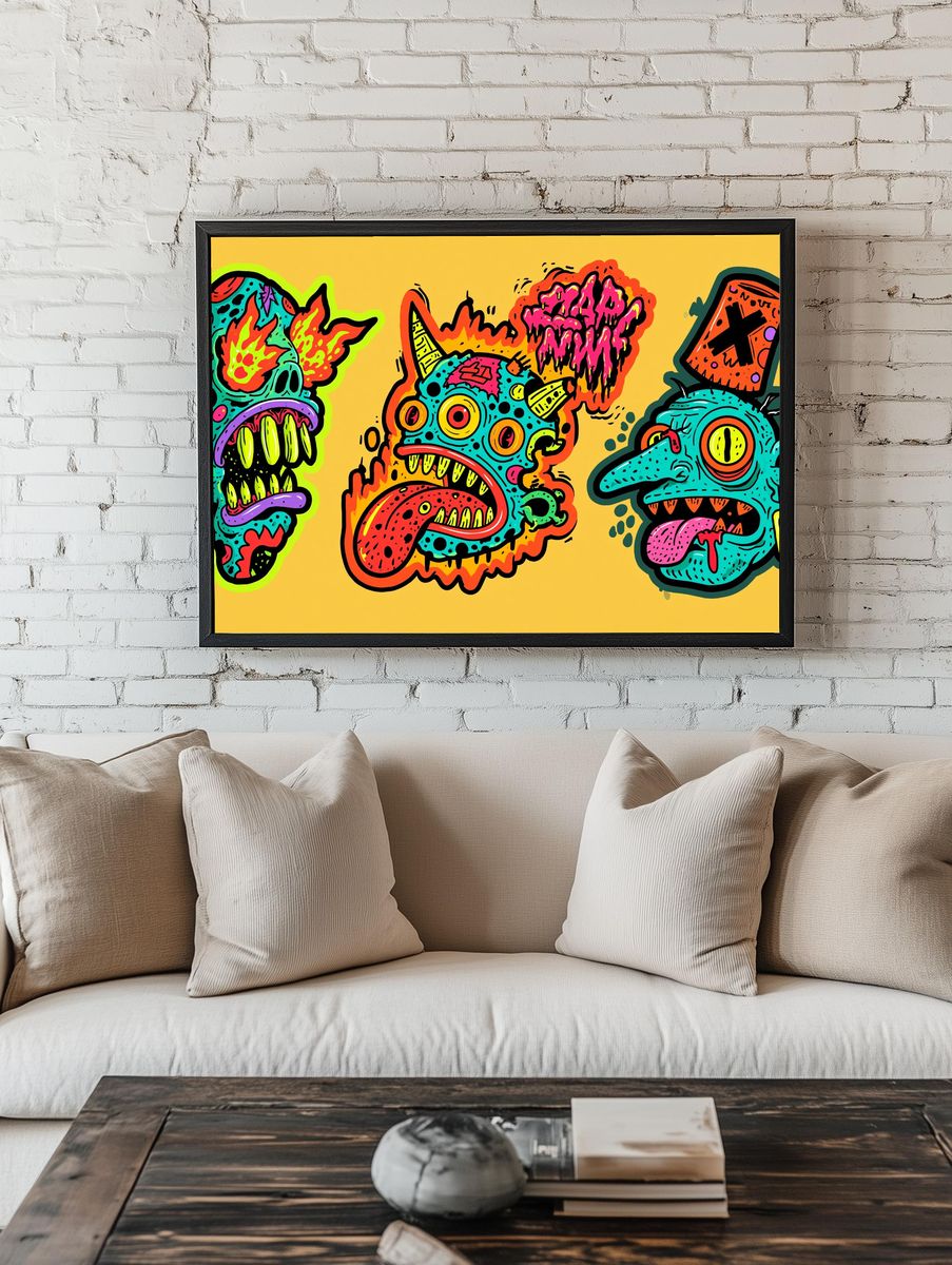 Neon Monster Faces Illustration Poster. — room view 1