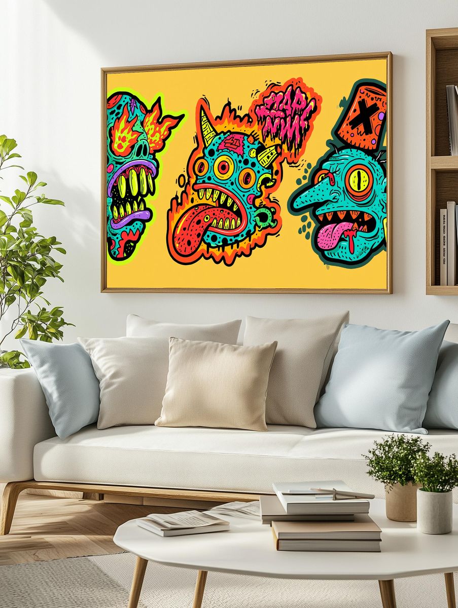 Neon Monster Faces Illustration Poster. — room view 2