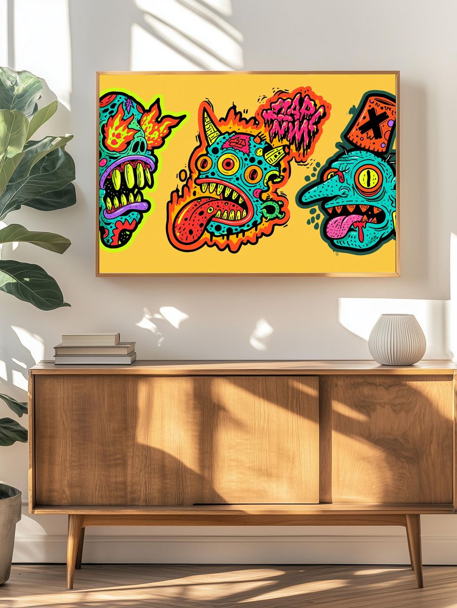 Neon Monster Faces Illustration Poster. — room view 3