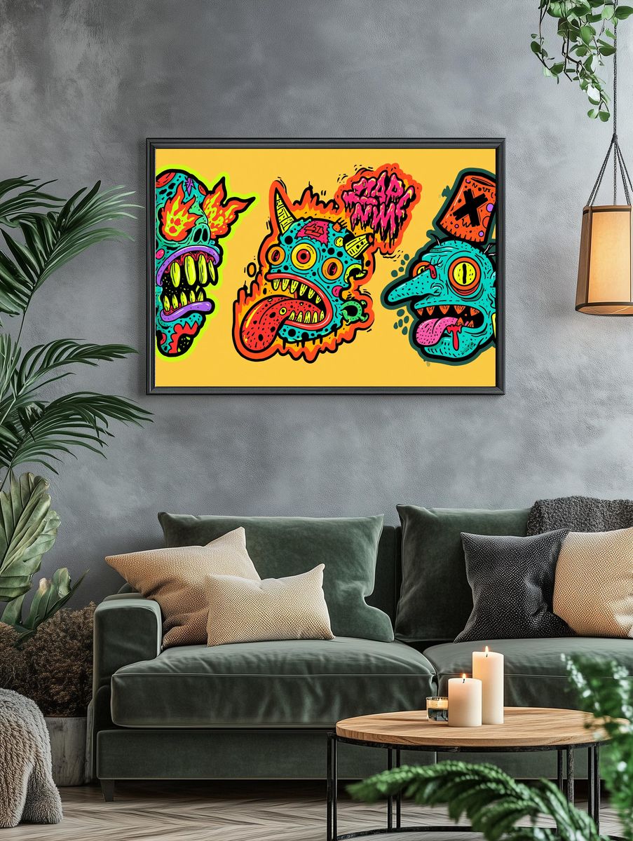 Neon Monster Faces Illustration Poster. — room view 4