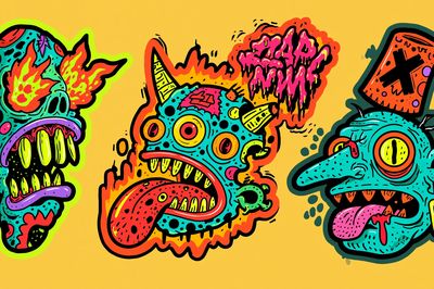 Neon Monster Faces Illustration Poster.