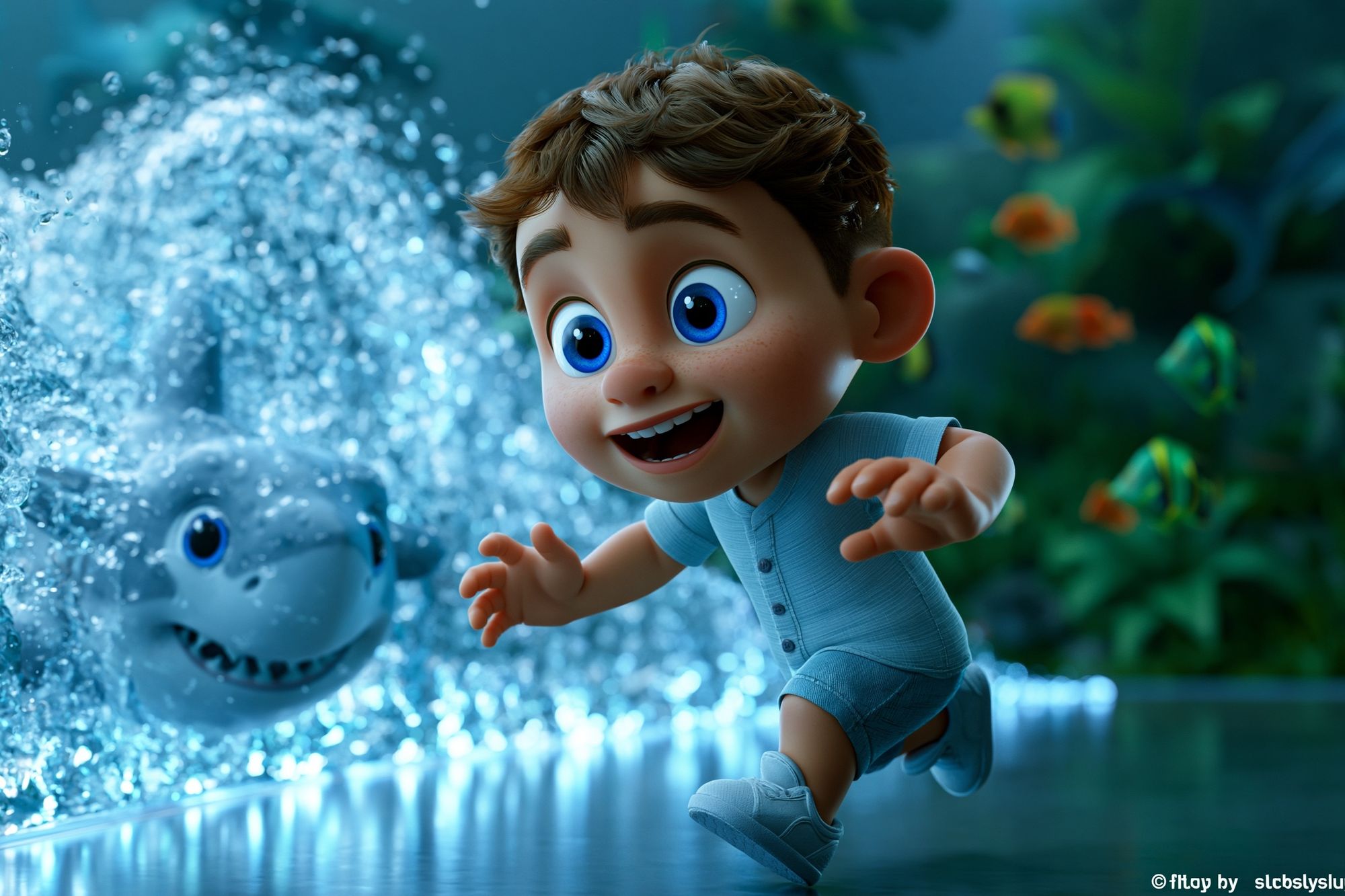 Underwater Boy and Shark Illustration Poster. poster detail