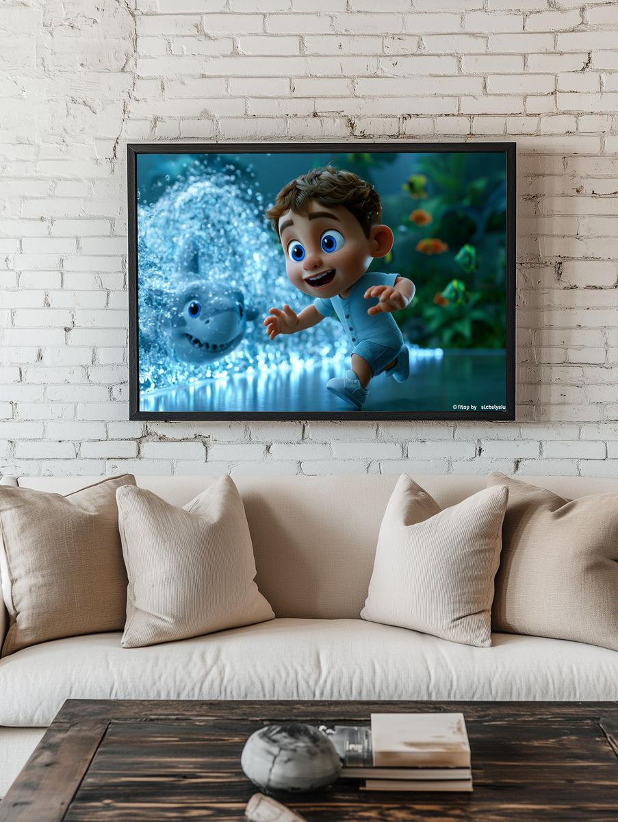 Underwater Boy and Shark Illustration Poster. — room view 1