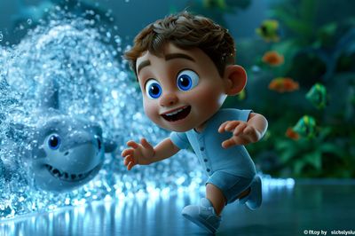 Underwater Boy and Shark Illustration Poster. poster