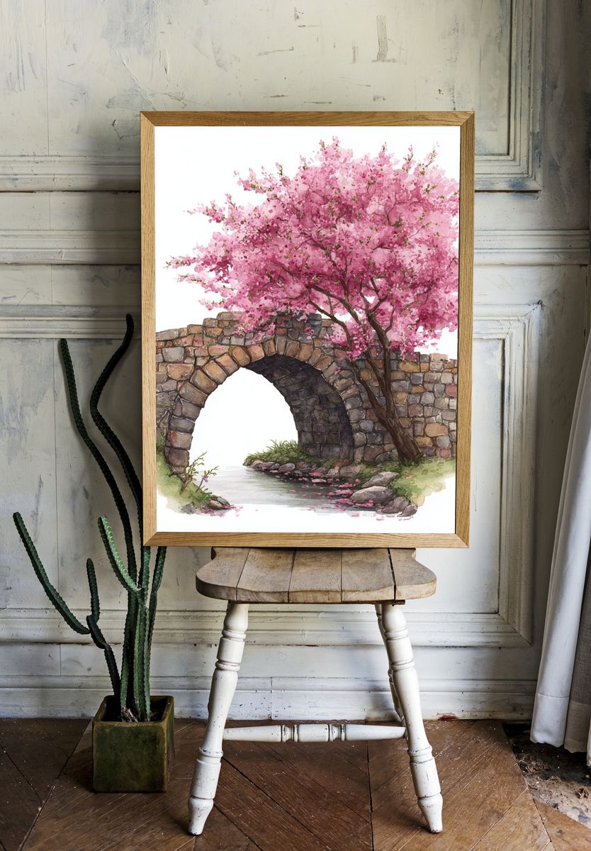 Cherry Blossom Stone Bridge Print. — room view 1