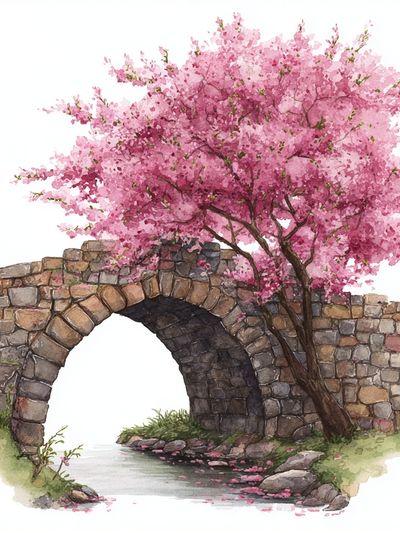 Cherry Blossom Stone Bridge Print. poster print