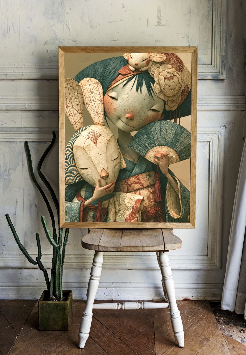 Geisha with Masks Illustration Poster. room preview