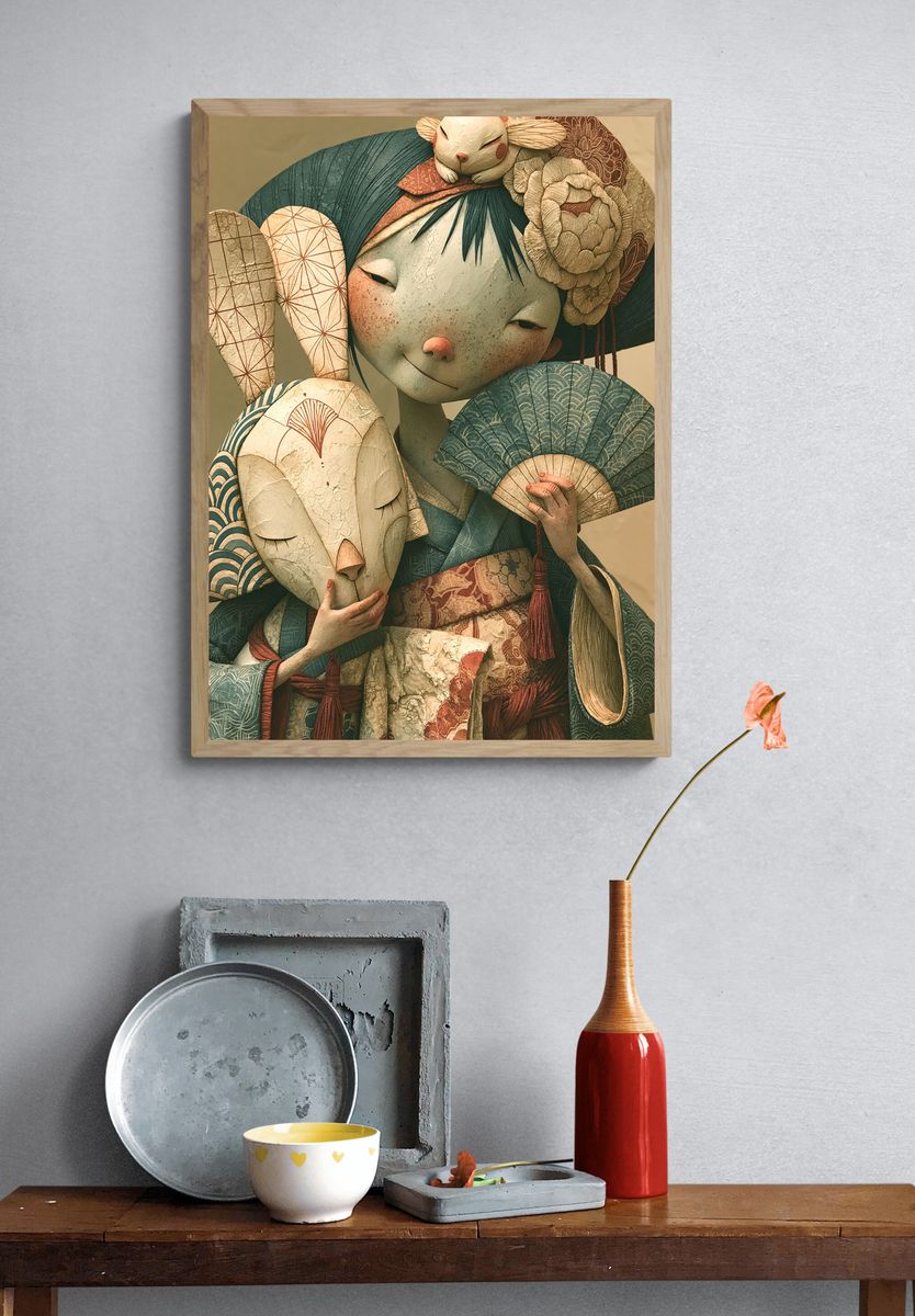 Geisha with Masks Illustration Poster. — room view 3