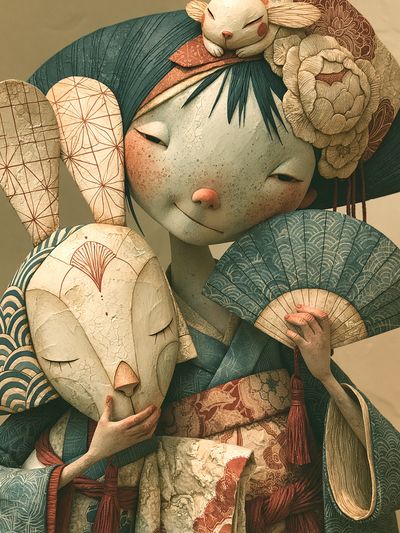 Geisha with Masks Illustration Poster. poster