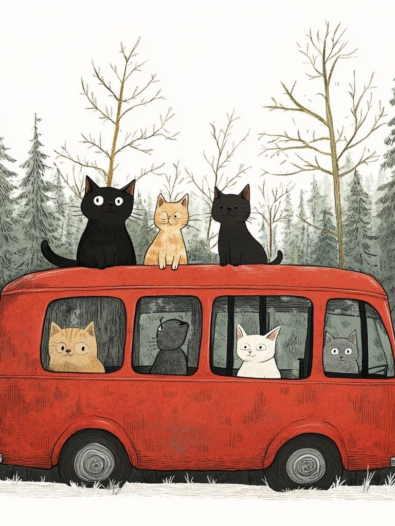 Cats on Red Bus Illustration Poster. poster detail