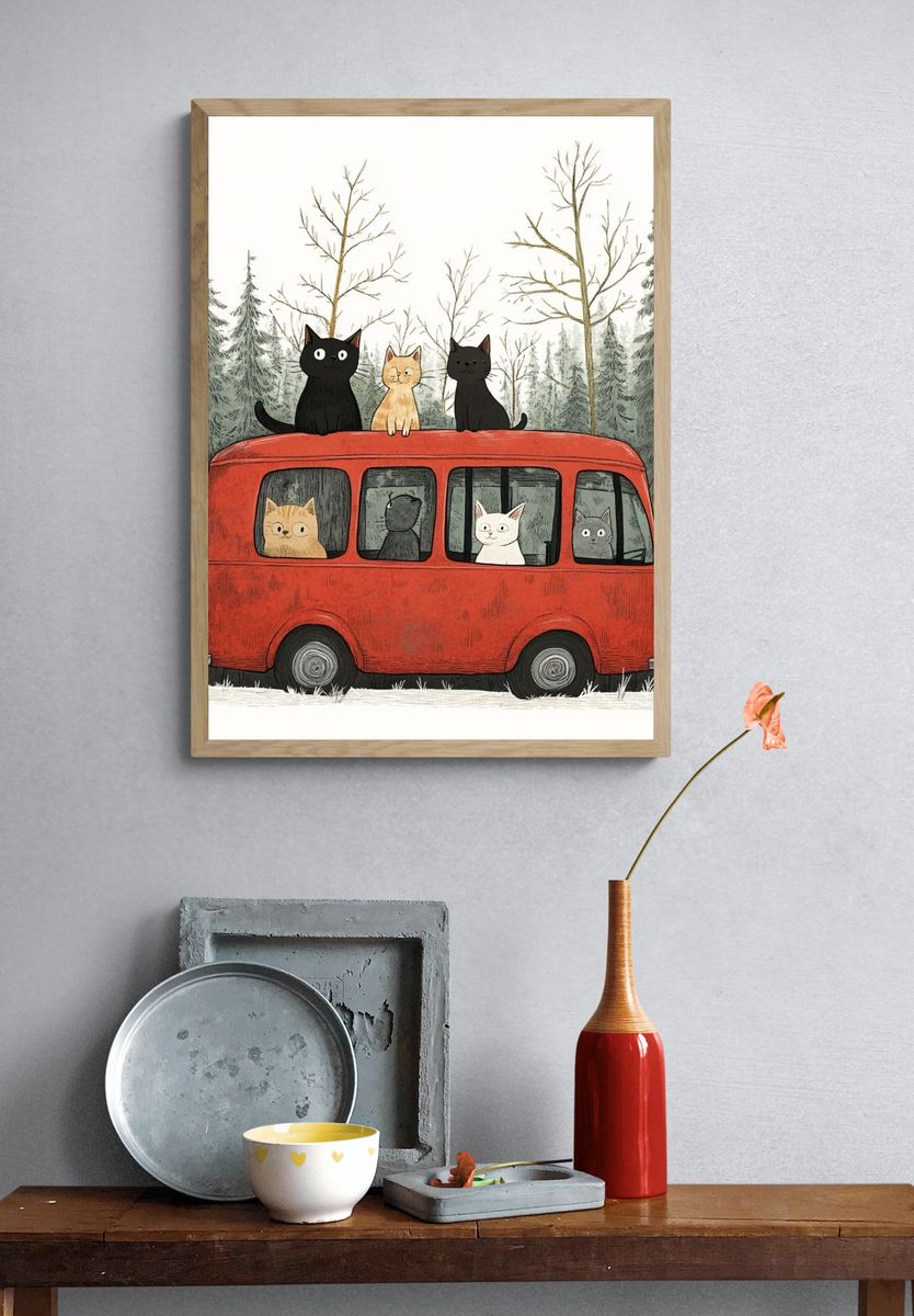 Cats on Red Bus Illustration Poster. — room view 3