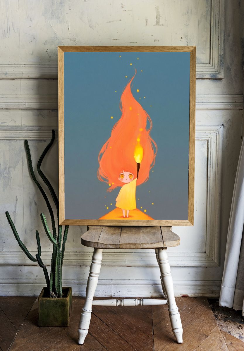 Girl with Flame Illustration Poster. room preview