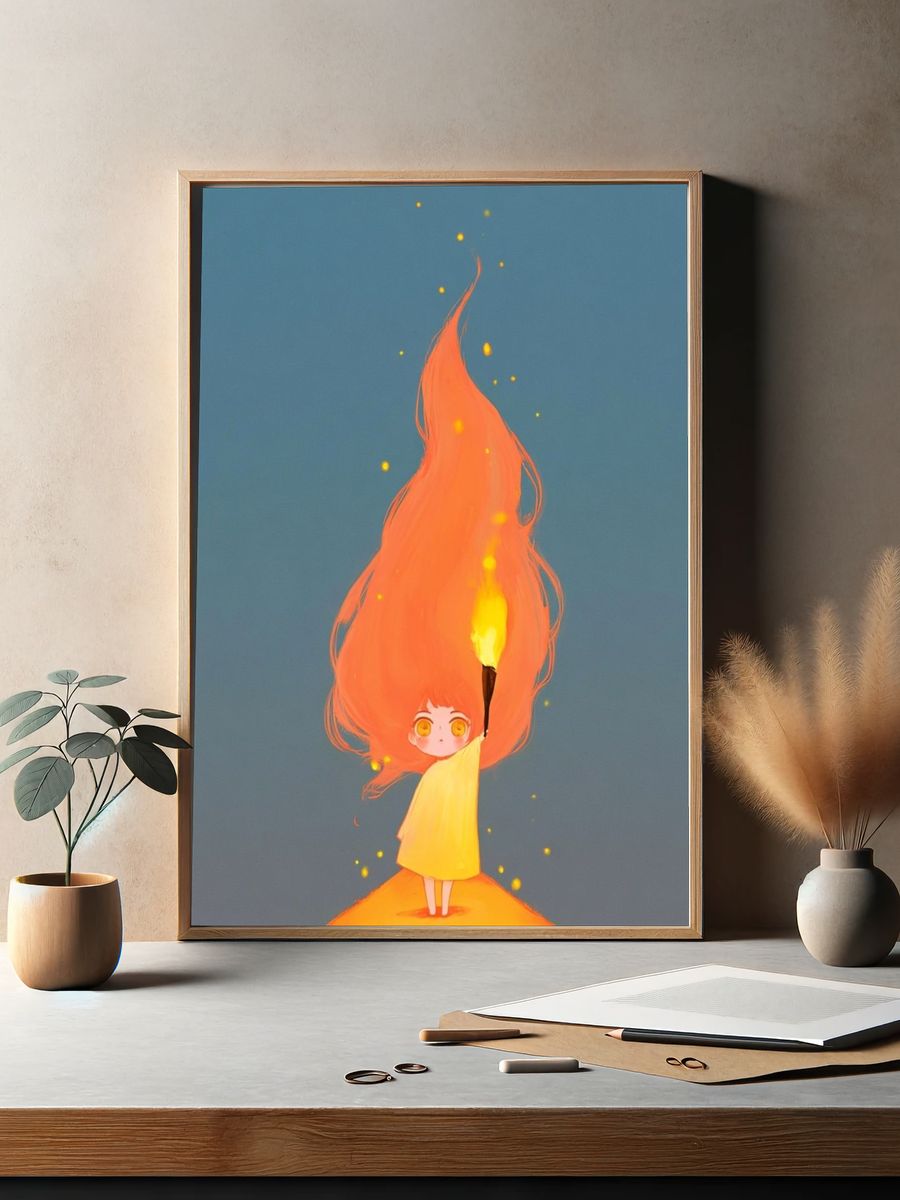 Girl with Flame Illustration Poster. — room view 2