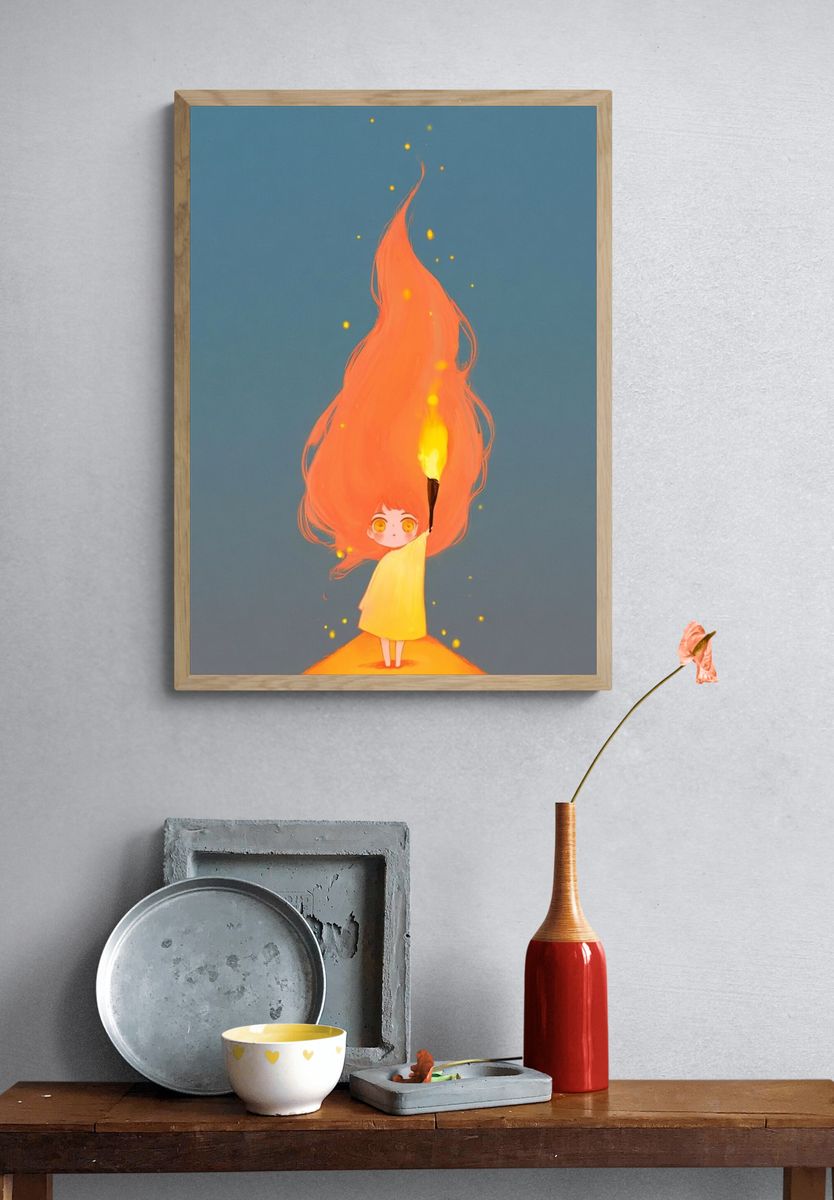 Girl with Flame Illustration Poster. — room view 3