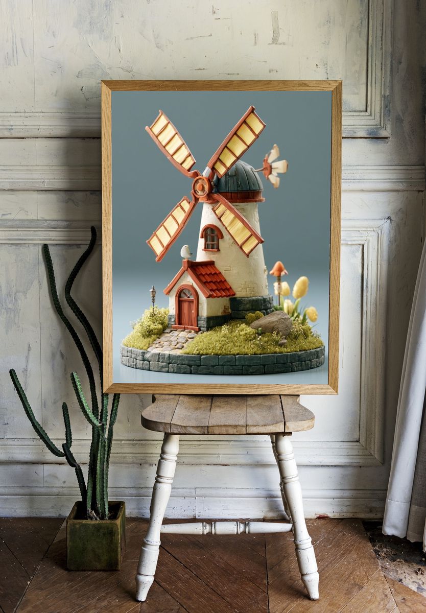 Whimsical Windmill Cottage Poster. room preview