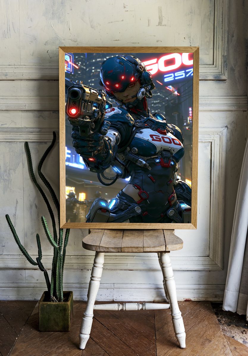 Cyberpunk Android Warrior Poster. — room view 1