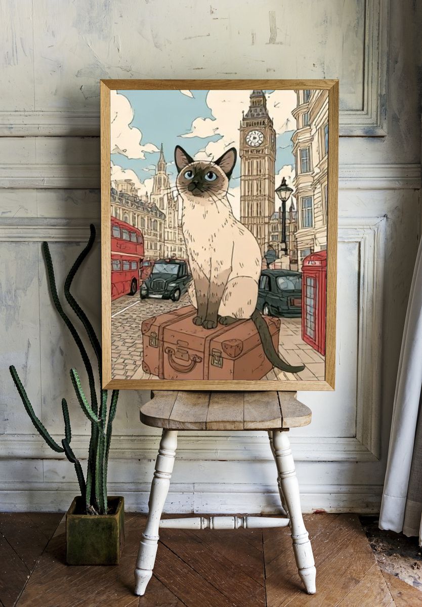 Siamese Cat in London Illustration Poster. — room view 1