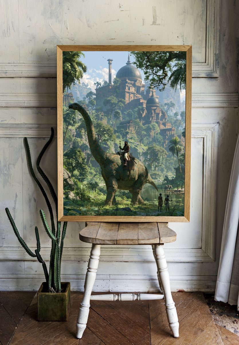 Jungle Dinosaur Temple Fantasy Print. — room view 1