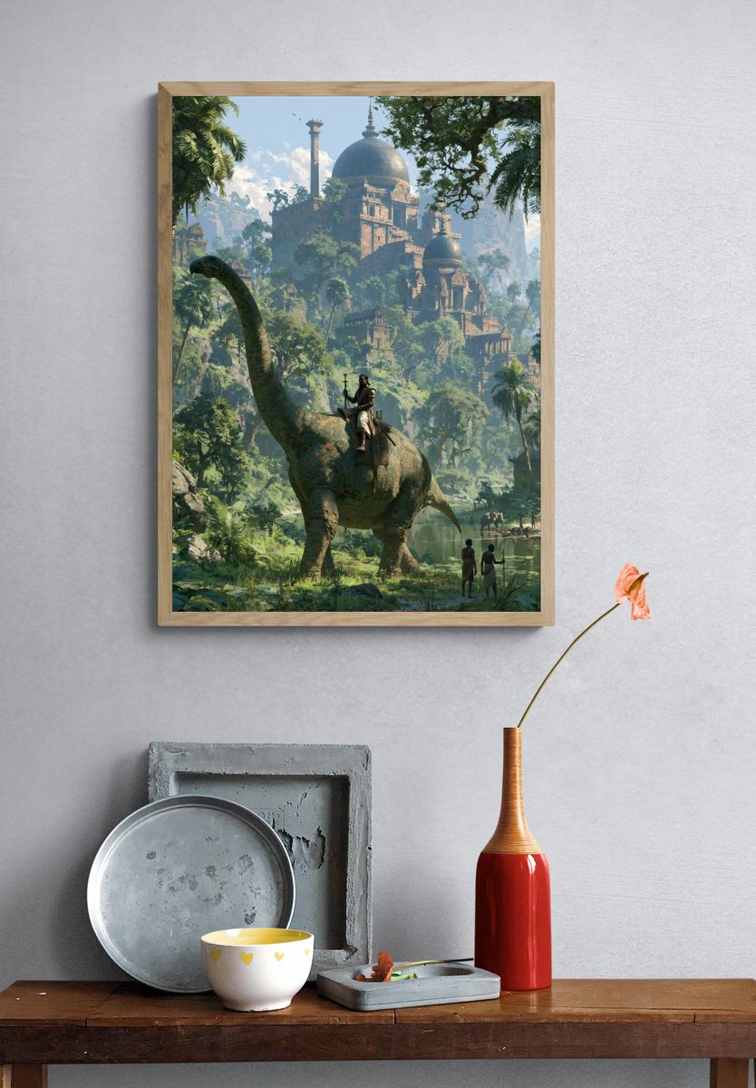 Jungle Dinosaur Temple Fantasy Print. — room view 3