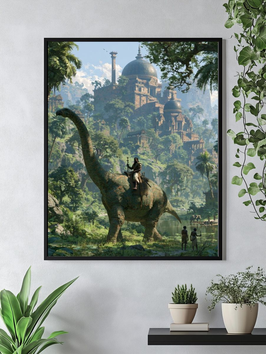 Jungle Dinosaur Temple Fantasy Print. — room view 4