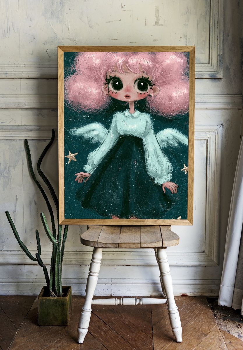 Pink-Haired Angel Illustration Poster. room preview