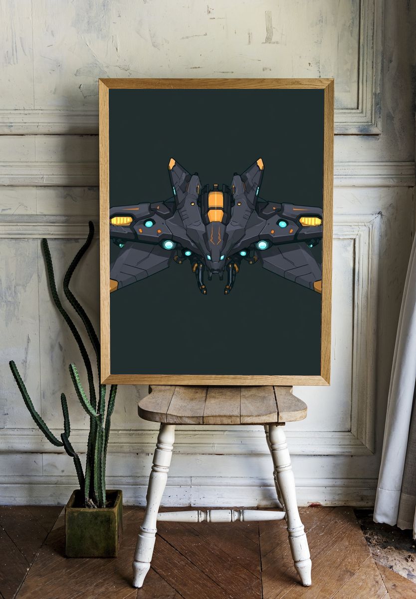 Futuristic Mecha Fighter Illustration Poster. — room view 1