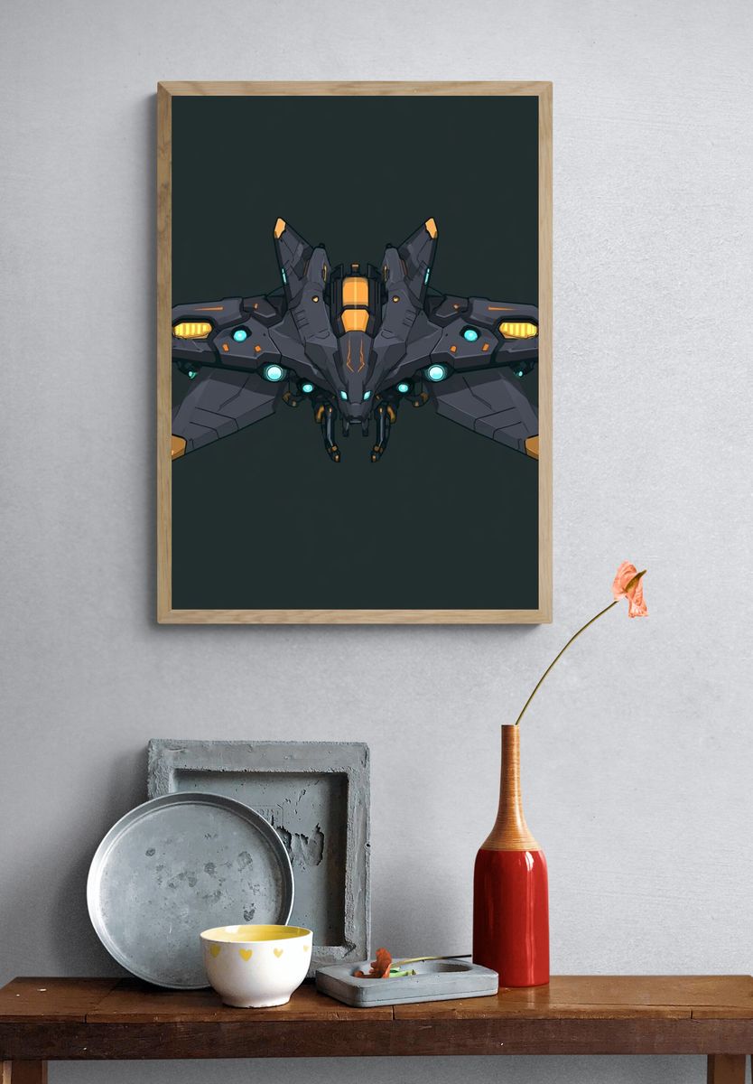 Futuristic Mecha Fighter Illustration Poster. — room view 3