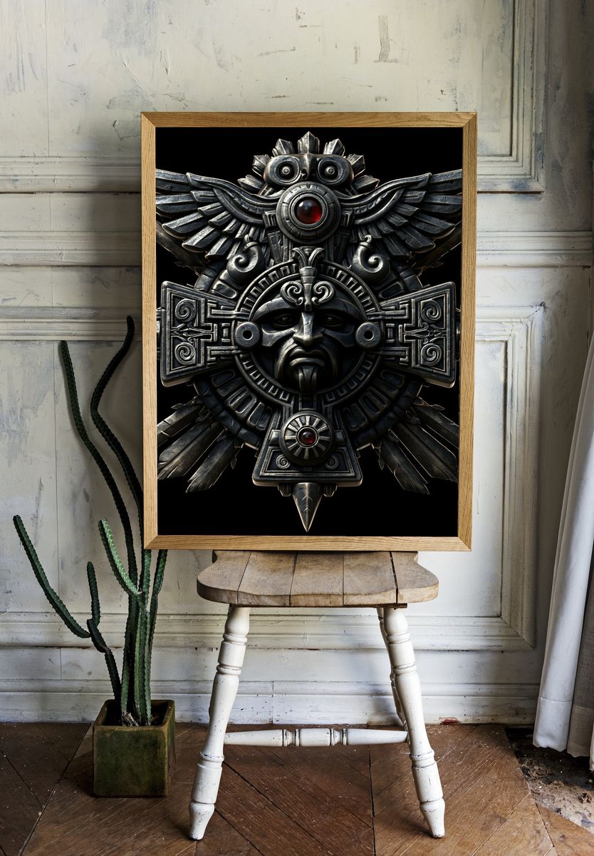 Aztec Stone Mask Illustration Poster. room preview