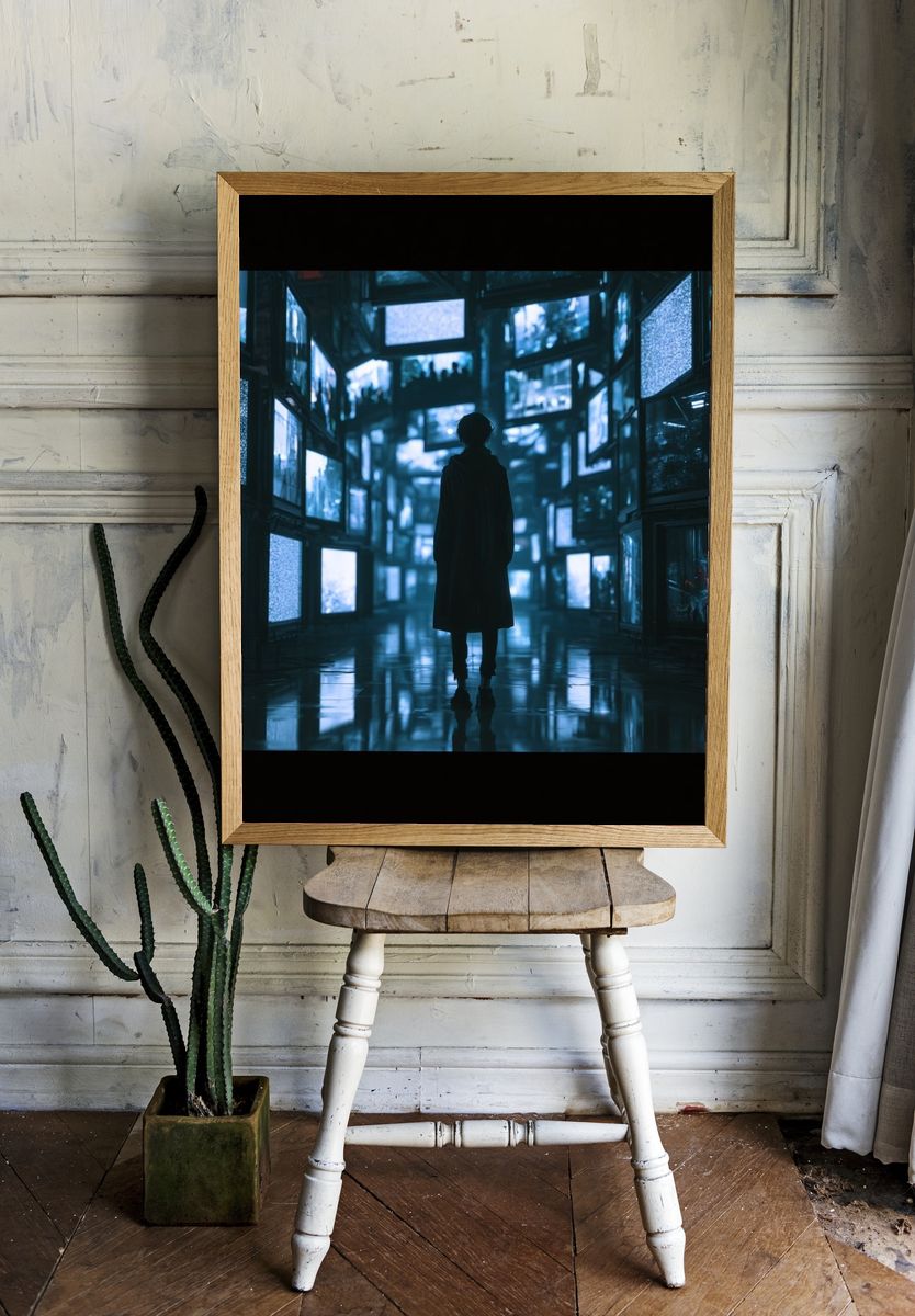 Neon Corridor Silhouette Poster. — room view 1