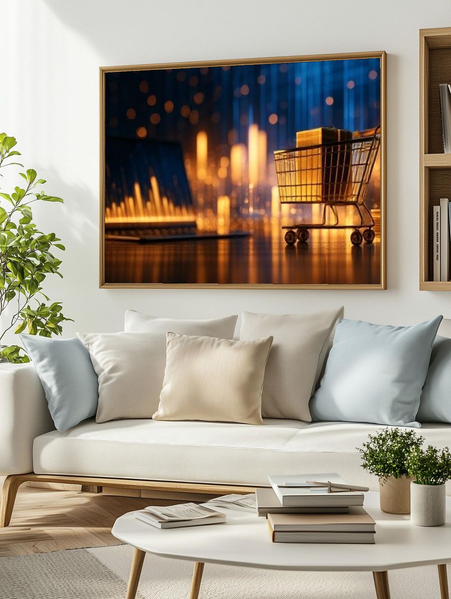 Golden Shopping Cart Digital Art Poster. — room view 2