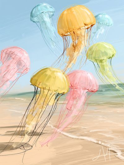 Pastel Jellyfish Beach Poster. poster