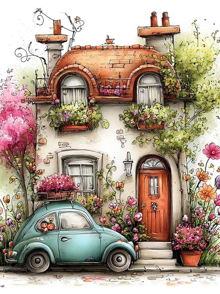 Flower Cottage with Vintage Car Poster. poster detail