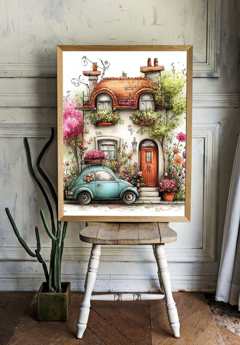 Flower Cottage with Vintage Car Poster. room preview