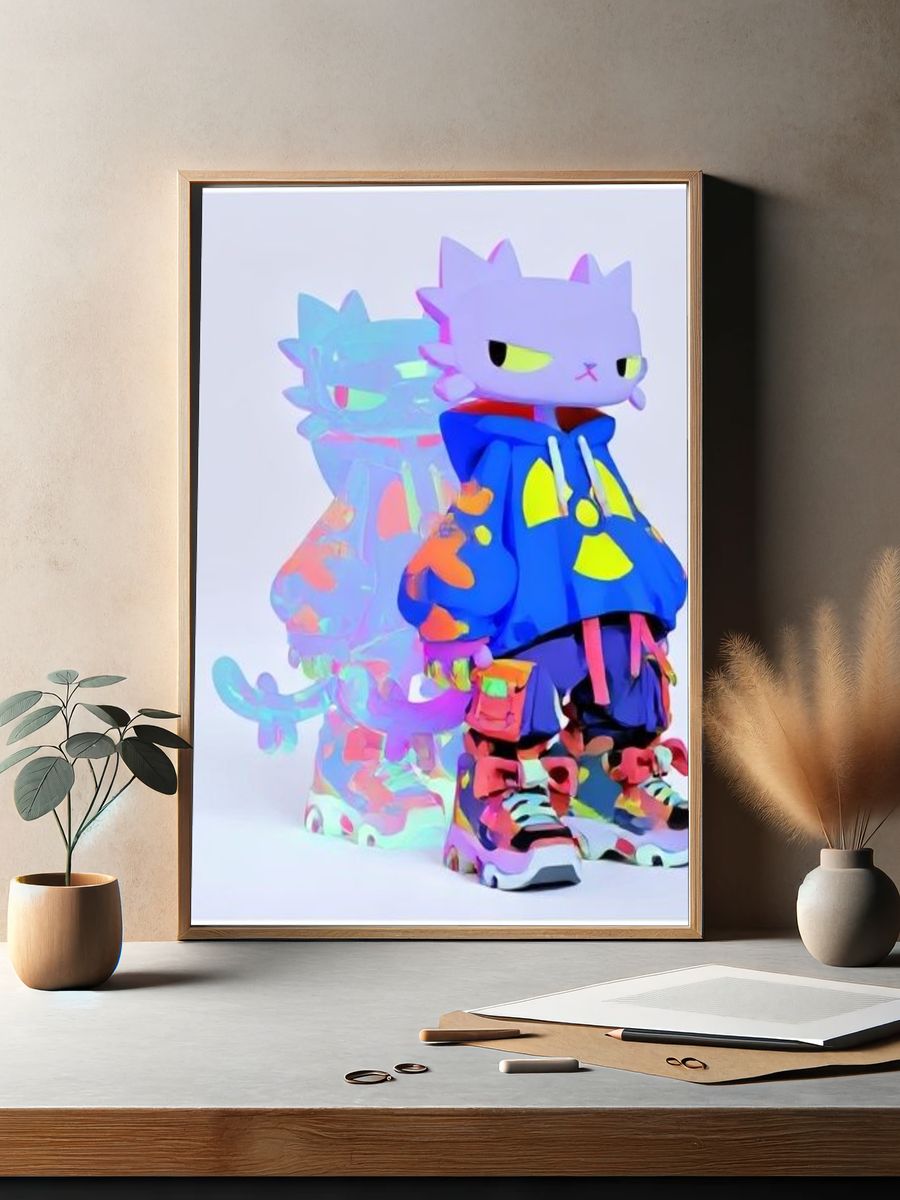 Neon Cat Figure Illustration Poster. — room view 2